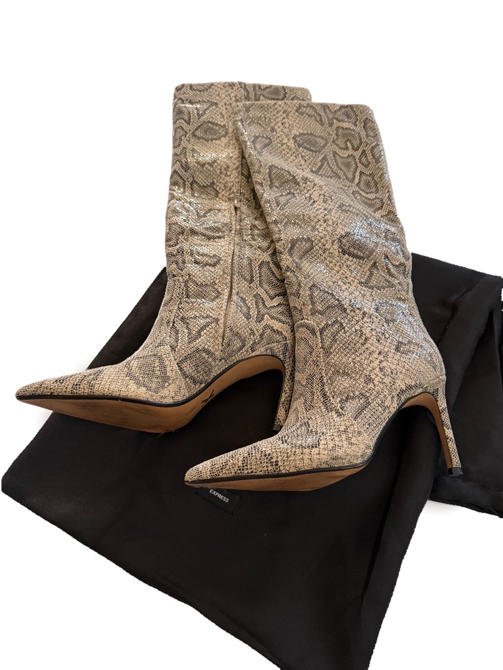 Snake Print Pointed Toe Knee High Stiletto Boot Neutral Animal Print 6.5